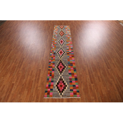 Checkered Wool Moroccan Oriental Runner Rug 3x13