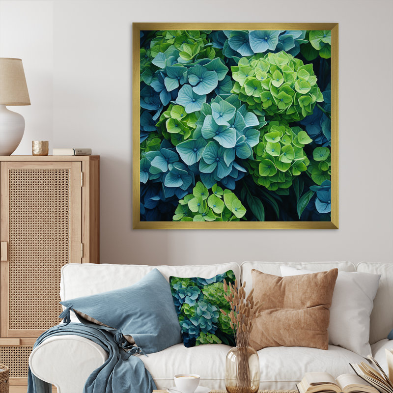 Vert, bleu, hortensia, fleurs d'émeraude - art mural encadré hortensia, H 16 po x l 16 po x P 1 po, Cadre doré simple