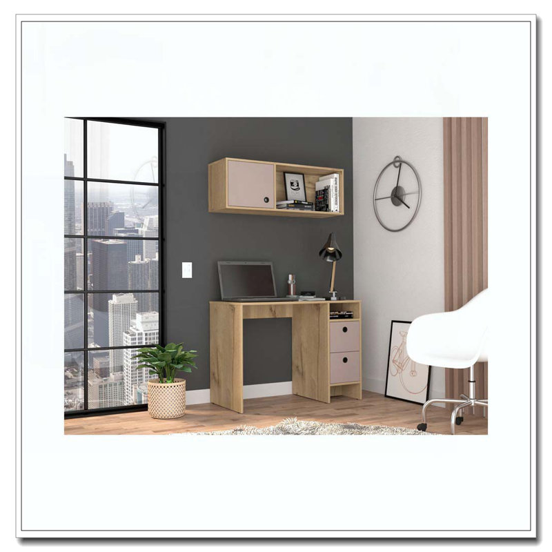 Ensemble de bureau 2 pièces 3 tiroirs chêne clair et taupe clair