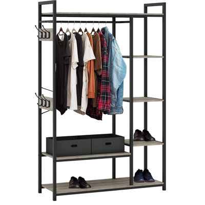 Free-standing Closet Organizer With Storage Box & Side Hook, Portable Garment Rack With 6 Shelves And Hanging Rod, Black Metal Frame&rustic Board Fini -  ESHOO, GKJ2222D0102HAENMW