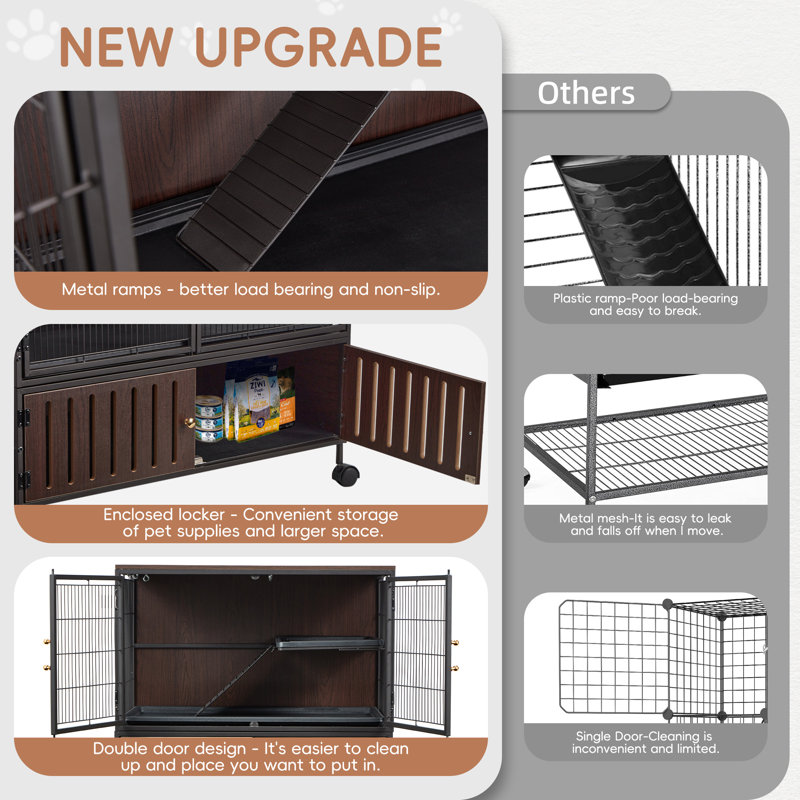 Cage à animaux 32,5 po avec roulettes et compartiment de rangement, 32.5'', Brun