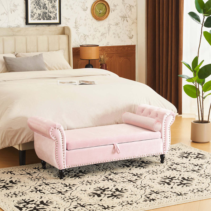 Banc repose-pieds rectangulaire en velours avec rangement et 1 coussin décoratif, Rose pastel