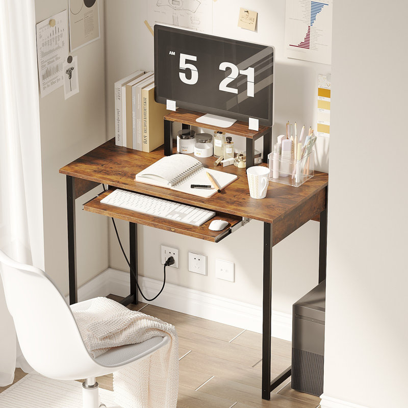 Bureau d'ordinateur moderne avec support pour écran et plateau à clavier coulissant, poste de travail compact pour adultes