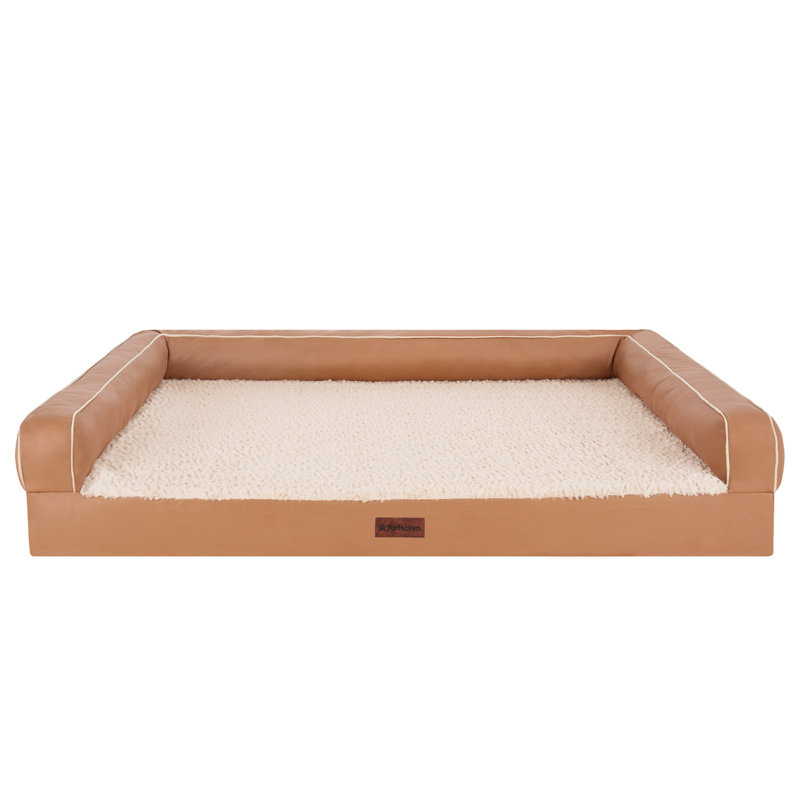 Textured Plush Fur & Coated Poly Modern Sofa Style Dog Bed, Camel, 10.5" H x 53" W x 40" D