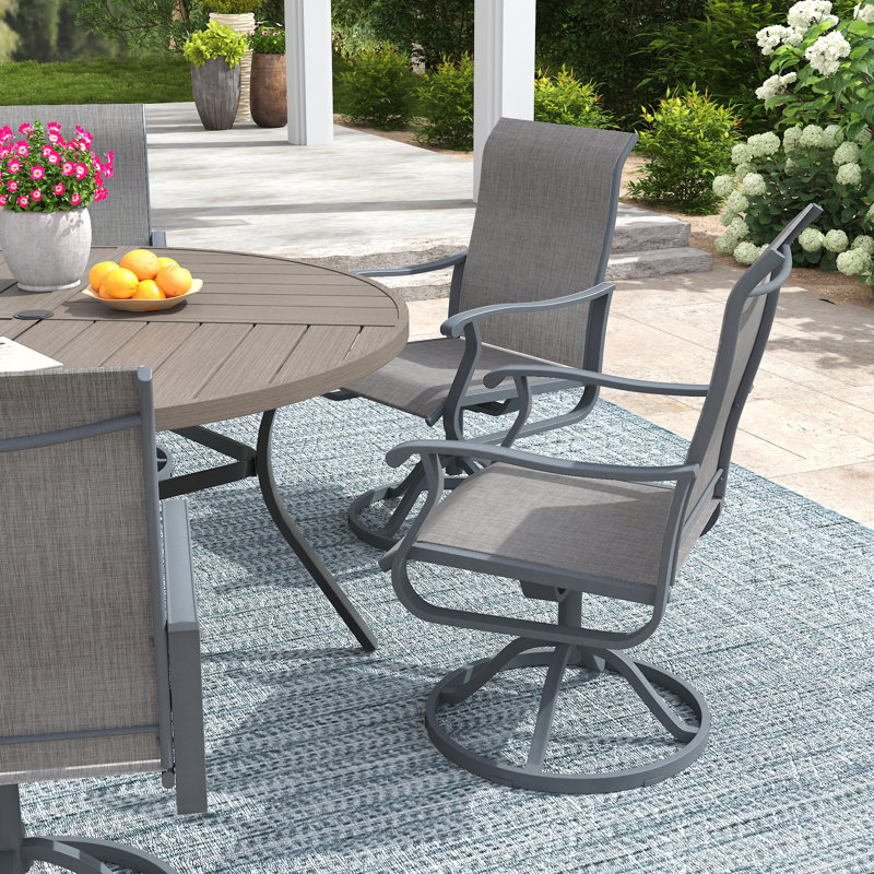6-Person Round Patio Dining Set With  360° Swivel PVC-Coated Polyester Chairs, Brush Wood Gray/Gray/Gray