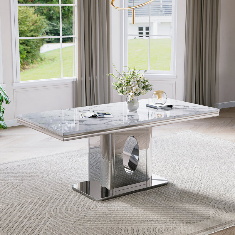 70.08" Dining Table Set Of 4,Rectangle Faux Marble Table And 4 Faux Leather Dining Chairs With Stainless Steel Base, Silver