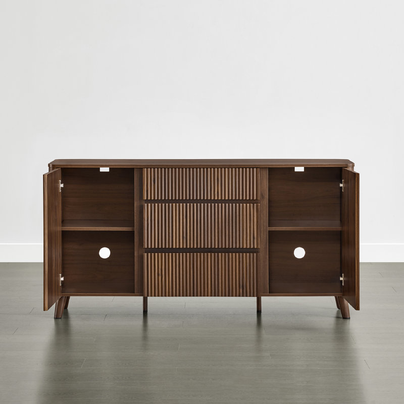 62'' Mid-Century Modern Curved Sideboard Buffet Cabinet with 3 Fluted Drawers and 2 Doors, Walnut