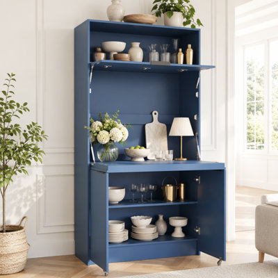 Garde-manger compact, buffet de 69 po de hauteur avec huche et poste de travail pliable, armoire de rangement multifonctionnelle avec tablette réglable et prise de courant pour la salle à manger et le salon