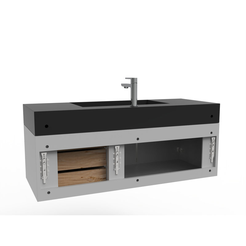 Meuble-lavabo mural simple 48 po avec comptoir à surface solide - base grise, plateau noir, poignées chromées, Noir, Gris