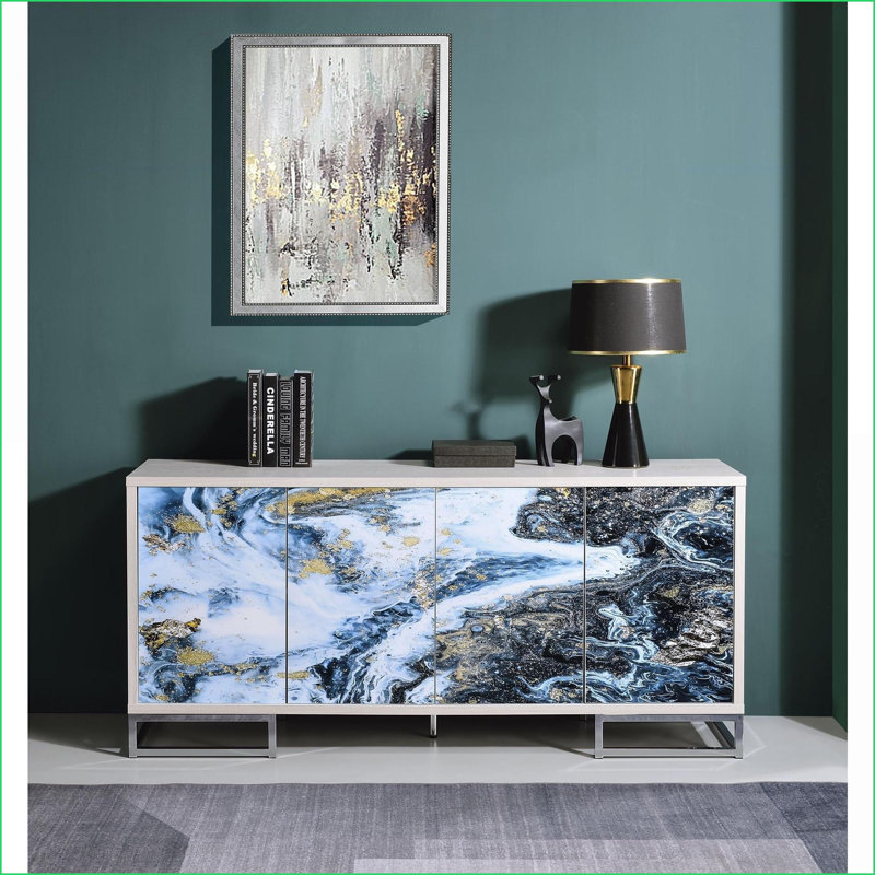 Armoires | Marbre bleu marine & amp; Console au fini chrome argenté | Chêne blanc délavé | 4 portes et 2 tablettes | Salon | Multicolore