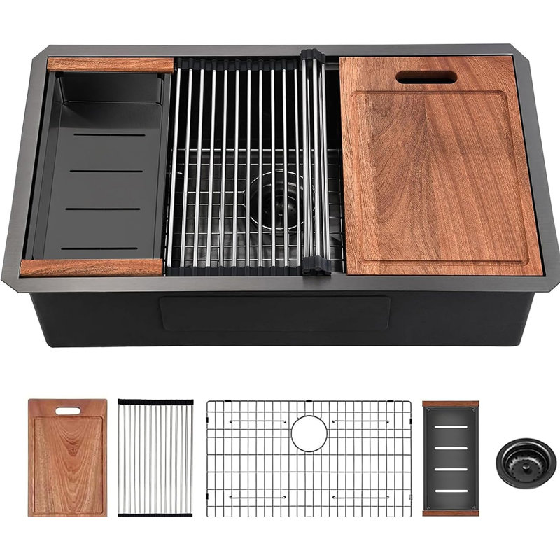 32 Gunmetal Black Undermount Workstation Kitchen Sink-32 X 19 Inch 16 Gauge Stainless Steel Undermount Kitchen Sink, Handmade R10 Radius 10 Inch Deep Undermount Single Bowl Sink With Accessories