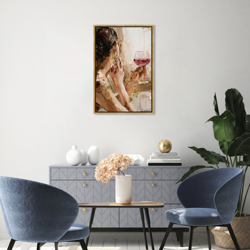 «Pondering Gilded», peinture sur toile, Noir, H 30 po x l 20 po, Toile avec cadre or