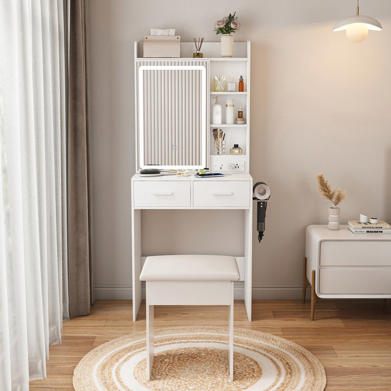 Petit bureau de coiffeuse avec miroir à DEL réglable et prise de courant