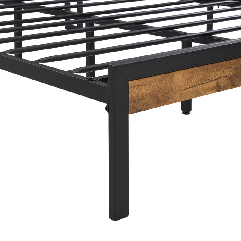 Metal Platform Bed Frame with Wooden Headboard , No Box Spring Needed, Easy Assemble, Black/Brown, Queen