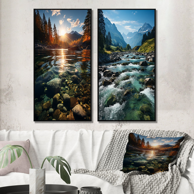 «River Reflections», 2 pièces sur toile, H 32 po x l 32 po, Cadre noir