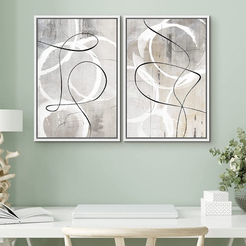 Ensemble de 2 peintures encadrées sur toile, H 36 po x l 48 po x P 1,5 po, Blanc
