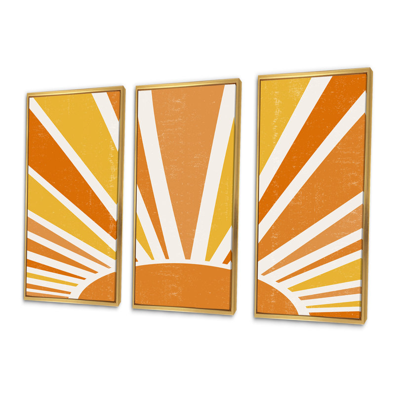 «Minimalist Bright Shining Orange Sun Rays II», reproduction de cadre flottant sur toile 3 pièces, H 28 po x l 36 po, Or