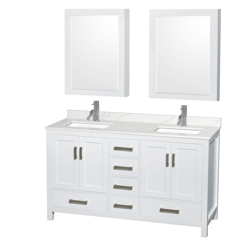Sheffield 60" Freestanding Double Bathroom Vanity with Quartz Top with Medicine Cabinets, Chrome, White, Giotto Quartz