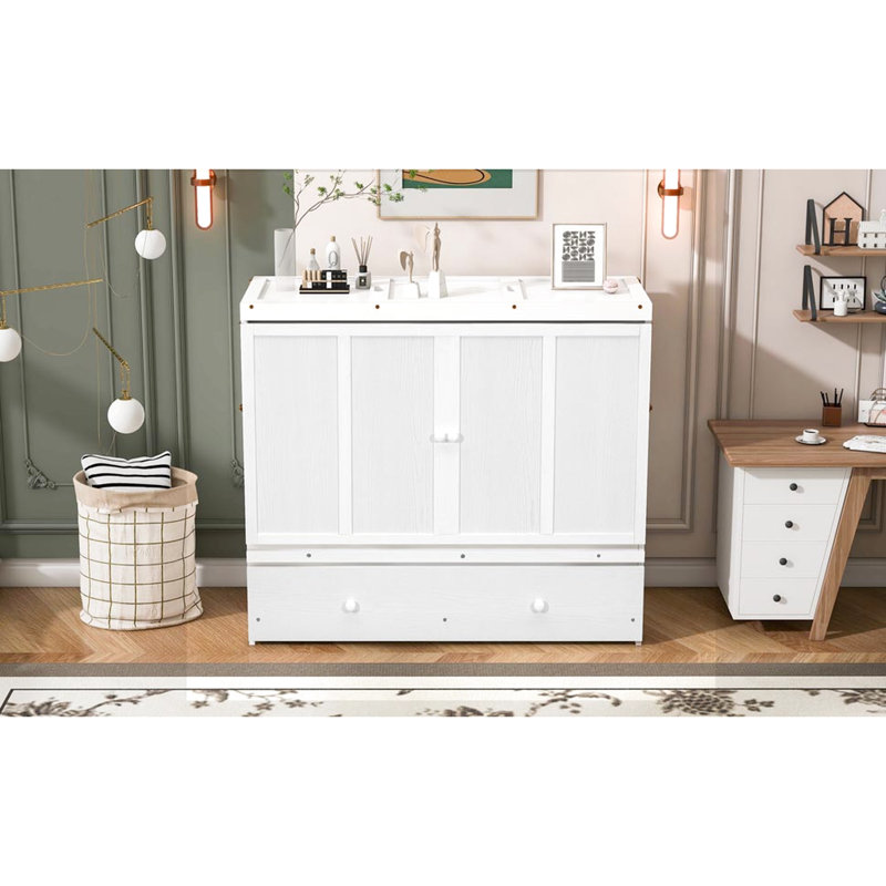 Lit blanc avec port et armoire spacieuse avec tiroir de rangement - Stable chargeant un espace généreux, Lit double, Blanc