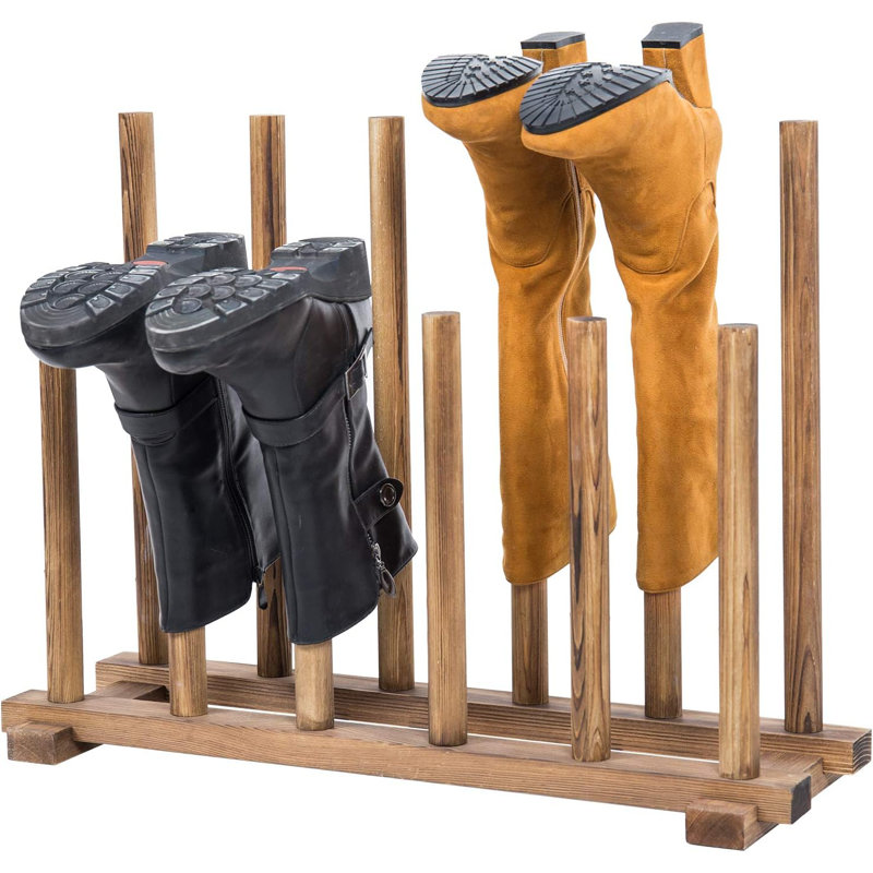 Solid Wood Boot Holder Rack For Entryway Shoe Storage, Organizes And Dries 6 Pairs Of Tall And Short Boots With Rustic Design