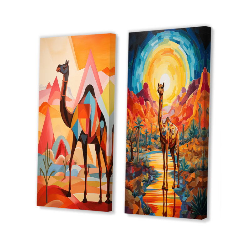 Chameau dans un paysage de désert du Sahara coloré I - ensemble d'art mural animal de chameau 2 pièces, Ne s’applique pas