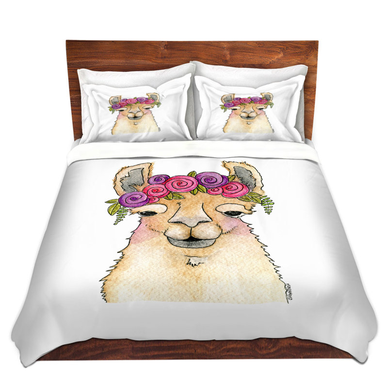 Ensemble de housse de couette guirlande llama, 1 housse simple + 1 taie standard, Blanc / Rose / Brun pâle