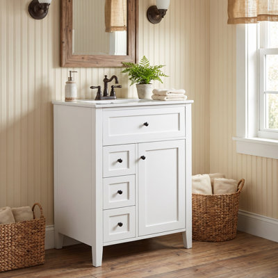 Meuble-lavabo sur pied blanc avec lavabo en céramique, pieds en hévéa massif, tiroir basculant et 3 tiroirs à poignée, charnières à fermeture amortie, armoire de rangement avec tablette réglable, robinetterie non incluse