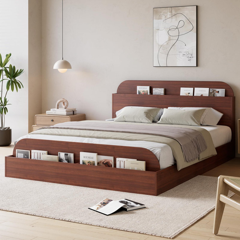 Bed Frame with Storage Headboard and Footboard, Low Platform Bed for Bedroom, No Box Spring Needed, Red, Queen