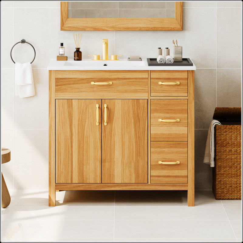 Meuble-lavabo de 36 po en bois avec cadre solide, portes à fermeture douce, tiroirs, tablette réglable, parfait pour les petites salles de bain