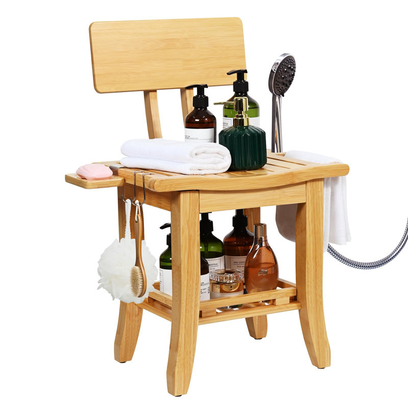 Chaise de douche à deux niveaux en bambou pour douche intérieure, siège de bain pour bébé imperméable avec tablette de rangement, porte-savon et support de pomme de douche, tabouret de douche (naturel)