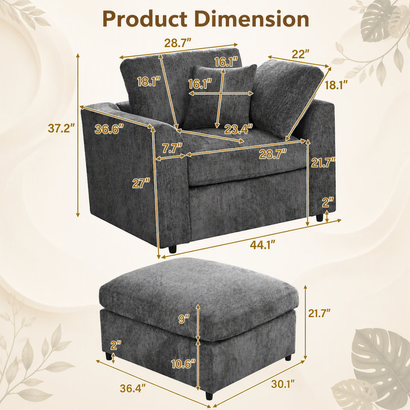Fauteuil d'appoint en chenille avec repose-pieds, ensemble salon moderne avec structure en bois massif, fauteuil confortable pour salon, chambre et appartement