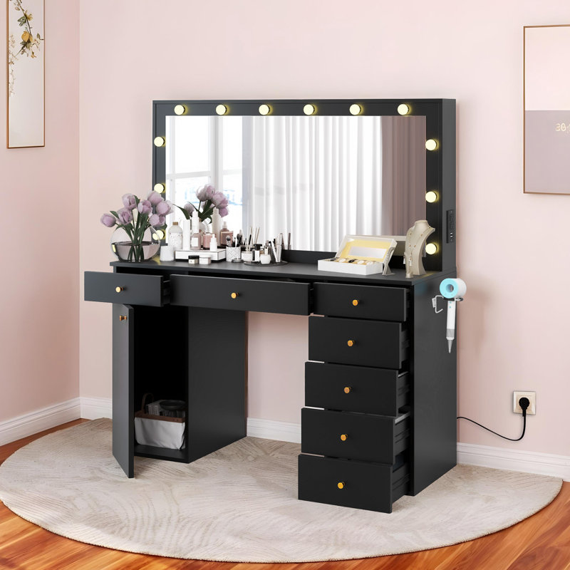 Coiffeuse de maquillage avec miroir et lumières, Noir