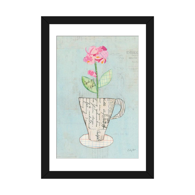 « iii », impression sur toile Teacup Floral, H 24 po x l 16 po x P 1 po, Papier d'art encadré noir, Blanc