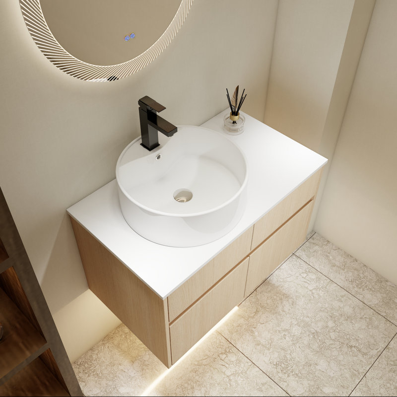 Meuble-lavabo mural 32 po avec lavabo en céramique et portes à fermeture en douceur, Chêne blanc