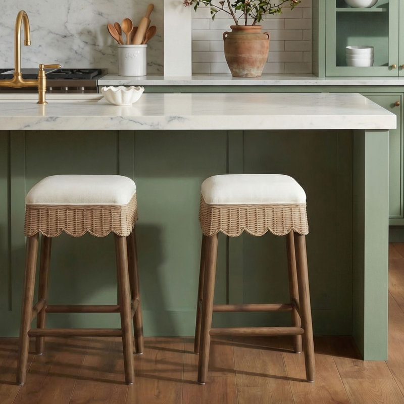 Ensemble de 2 tabourets en bois massif avec dossier en rotin tissé Celia et siège rembourré blanc