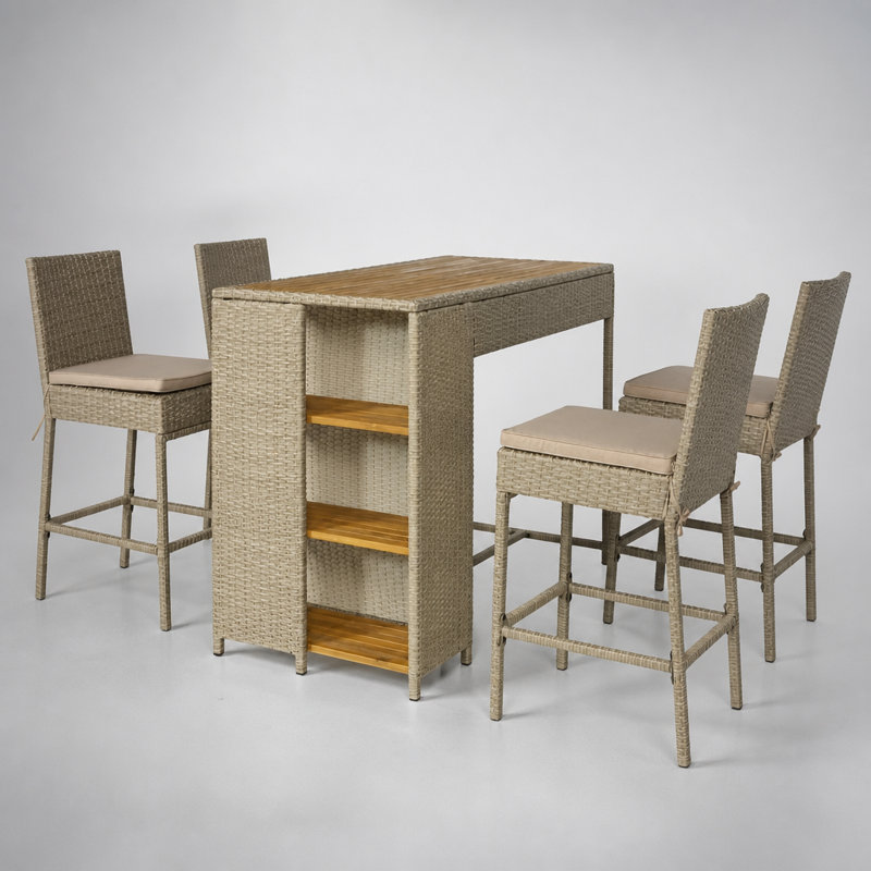 Ensemble de bar extérieur en osier cinq pièces avec étagères de rangement et tabourets ergonomiques pour recevoir sur la terrasse.
