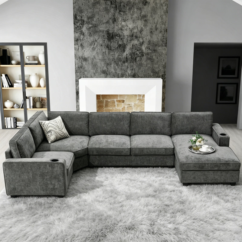 U-Shaped Sectional Sofa, 6 Seat Chenille Corner Couch Set with Cup Holders, Oversized Chaise Lounge