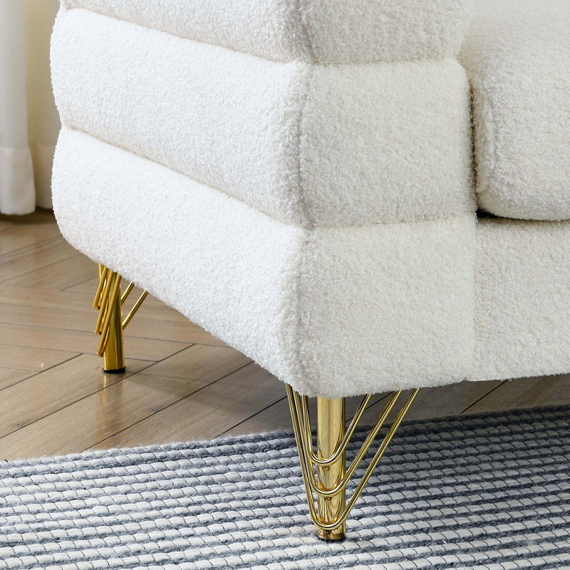 Oversized 2-Seater Sectional Sofa With Deep Seating And 2 Pillows, Ivory Teddy