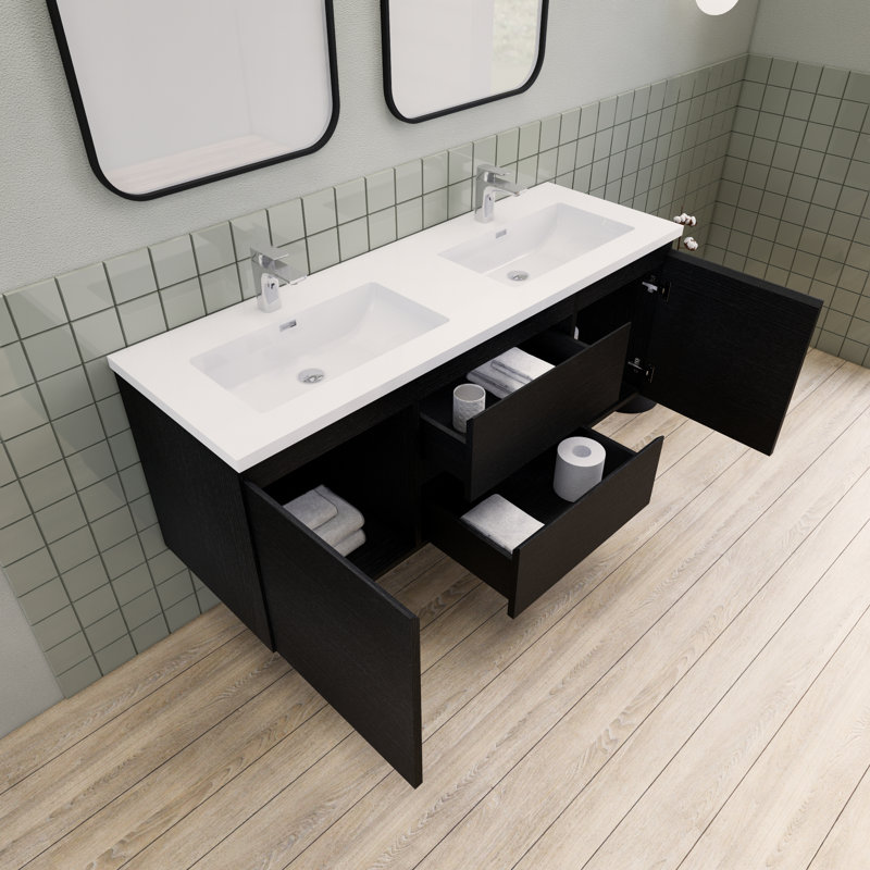 Meuble-lavabo double 60 po Alcester Ivy Bronx, Bois noir
