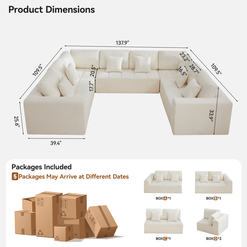 Canapé modulaire surdimensionné en forme de U de 137,9 po, canapé de nuage modulaire compressé avec mousse à mémoire de forme, aucun assemblage requis