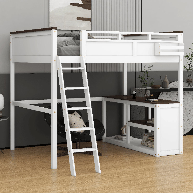 Grand lit mezzanine avec bureau intégré, boîte de rangement, tablettes ouvertes et station de recharge USB, structure de lit mezzanine en bois peu encombrante