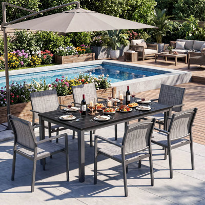 Stackable patio dining chairs set of 6, 2mm powder-coated steel frame, 550g quick-dry textilene fabric, holds up to 330 lbs, ergonomic curved back with metal armrests, non-slip foot pads, for garden, backyard, deck, poolside (table not included)