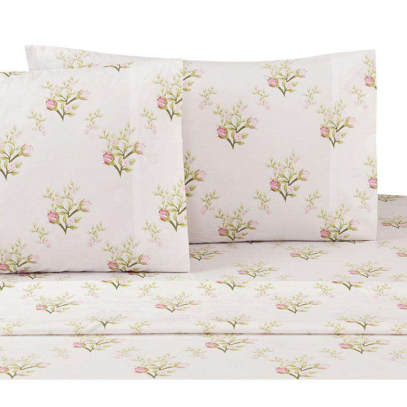 100% Cotton Percale Floral Sheet Set, Queen Sheet Set + 1 Fitted Sheet + 2 Pillowcases