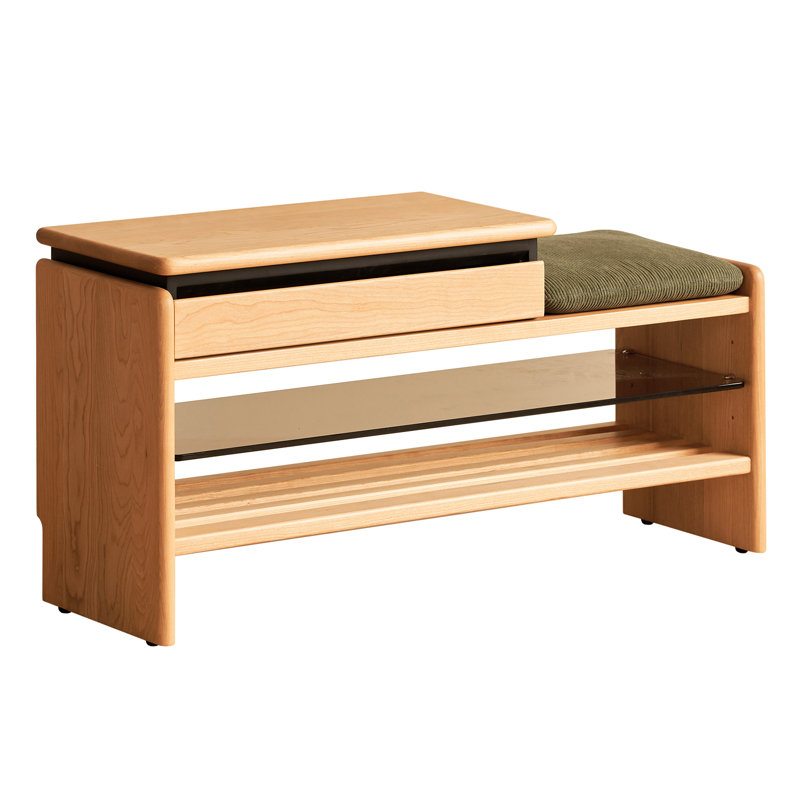 Vintage Cherry Wood Entryway Bench with Cushioned Seat, Storage Drawer and Open Shelves for Shoe Organization