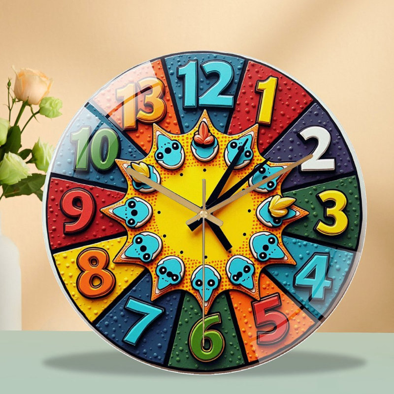 Horloge murale colorée avec chiffres éducatifs et art ludique - Horloge murale moderne en verre 12 po