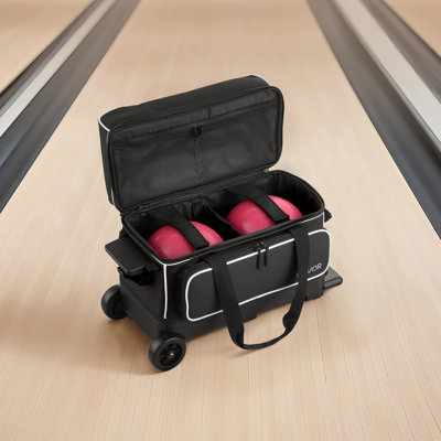Sac de jeu de boules de bowling, sac de bowling double à roulettes à 2 balles avec roulettes, comprenant un compartiment séparé pour les chaussures (jusqu'à la taille US 16) et une poche pour accessoires surdimensionnée, la poignée rétractable s'étend jusqu'à 41,32 po