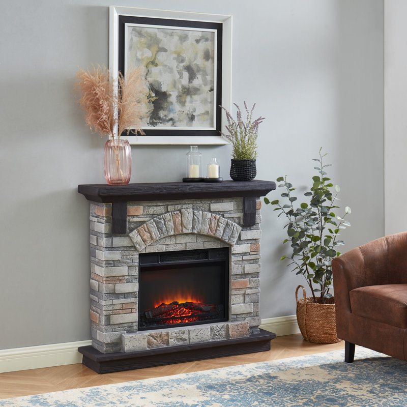Foyer électrique 28 po avec manteau en fausse pierre 28 po, Gris, 40" H x 45" W x 11.5" D