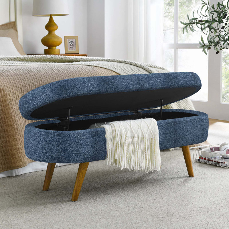 Ottoman Oval Storage Bench, Rubber Wood Legs, Dark Blue