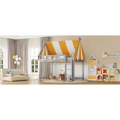 Full Size Low Loft Bed with Fabric Playhouse Canopy Roof, LED Lights, and Built-in Bookshelf, Gray