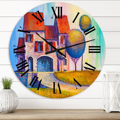 Maison avec toit rouge dans le village - horloge murale moderne